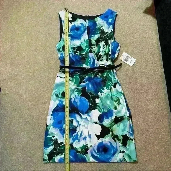 Connected Apparel NWT Blue Multi Floral Keyhole Belted Sheath Dress Size 10P - Picture 11 of 13